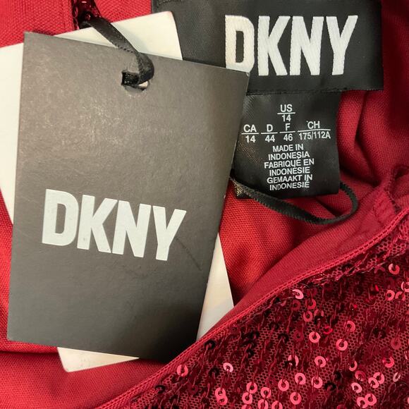 DKNY Red Sequined Cocktail Dress Size 14 Knee Length Short Sleeve Shift - Picture 8 of 11